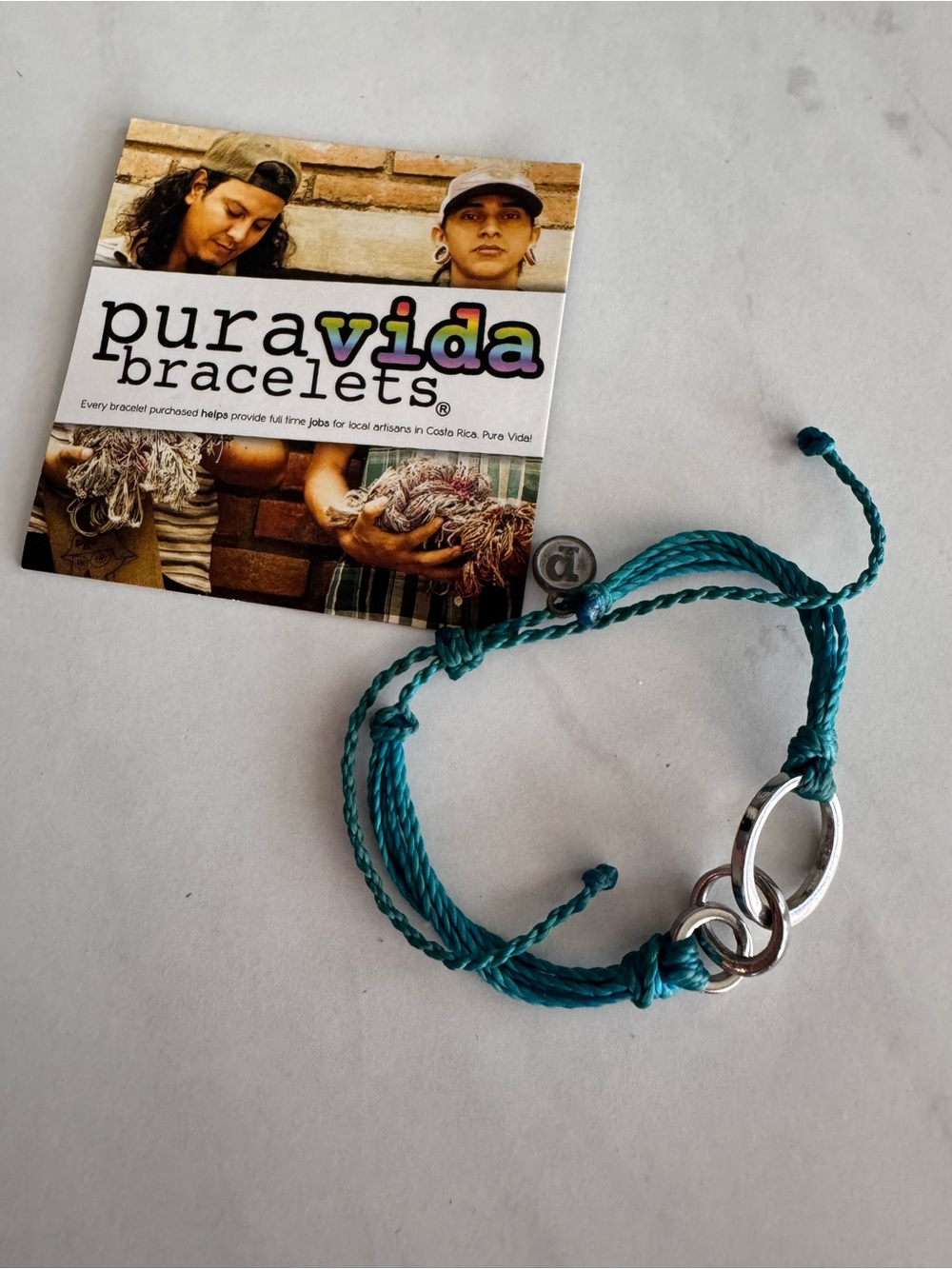 Pura Vida Blue Braided Cord Bracelet Silver Tone Ring Charm Adjustable